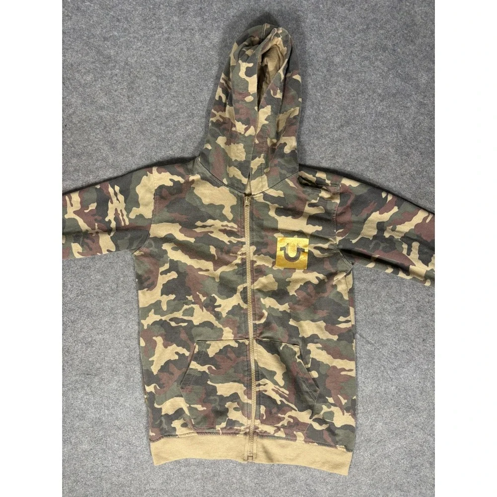 True Religion Mens Camo Full Zip Hoodie Gold Horseshoe Logo‎ Green Brown Medium